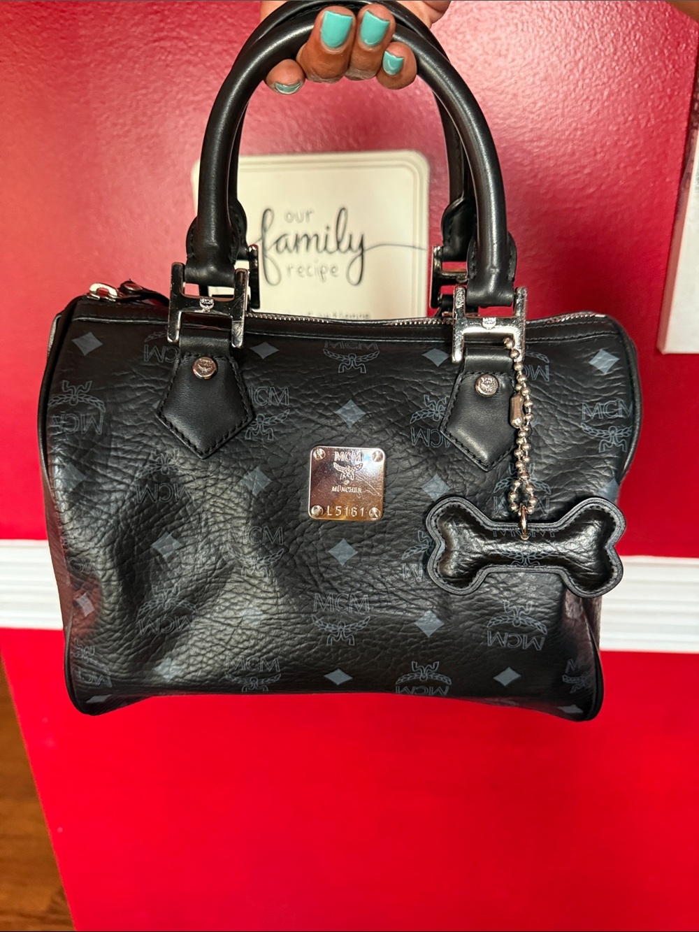 MCM Black Monogram Leather Satchel with Bone Charm